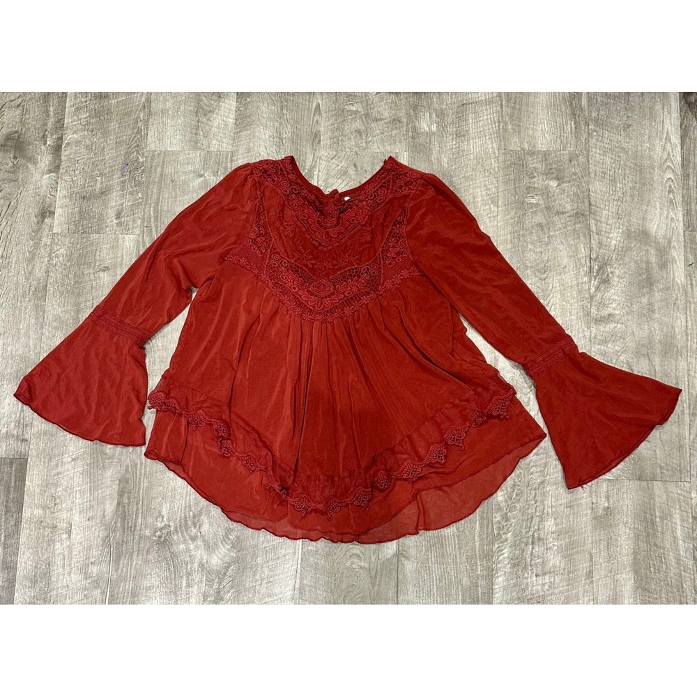 Altar'd State Rust Red Lace Boho Bell Sleeve‎ Babydoll Blouse Top XS